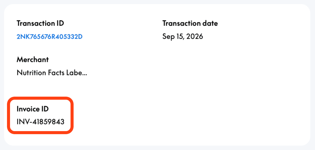 Example showing where to find the Invoice ID in a PayPal payment confirmation email
